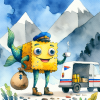 SpongeBob SquarePants verkleed als een postbode die een kop koffie drinkt in een berglandschap, waterverf door een 5-jarige