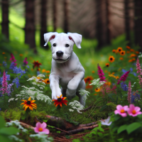 een witte dogo argentino pup dartelt rond in een bosrijke omgeving met verschillend gekleurde bloemen