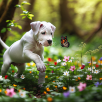 een witte dogo argentino pup dartelt rond in een bosrijke omgeving met verschillend gekleurde bloemen. je ziet hem van de zijkant terwijl hij een vlinder probeert te vangen