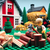 Een LEGO poppetje hakt hout op een boerderij, 1960s Cartoon