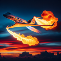 Gulfstream G700 vliegtuig met vlammen uit de motoren